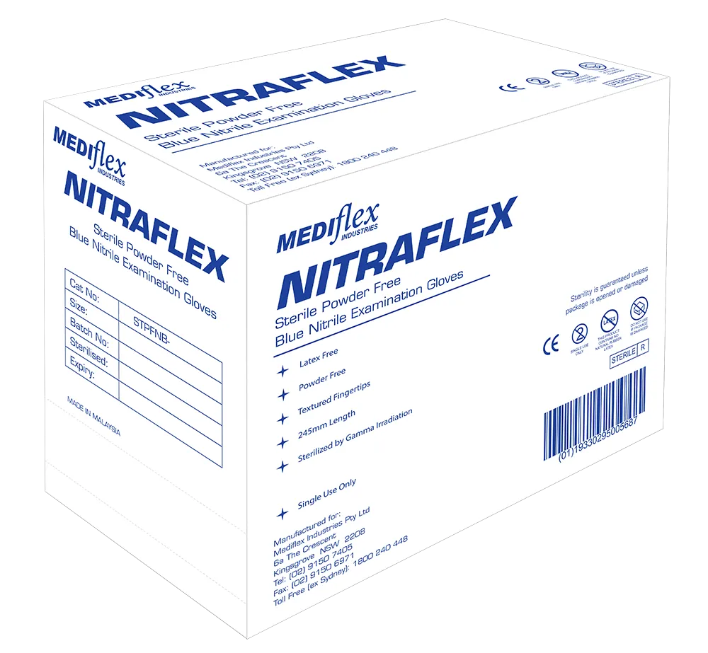 Box of Nitraflex sterile nitrile gloves powder free blue examination gloves by Mediflex